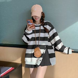 侧开叉粉色条纹卫衣女小个子2022年秋季新款韩版宽松减龄休闲上衣图片