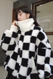 新款！22年秋冬翻领棋盘格羊羔毛外套123A-9027-P185K268，女装短外套，浙宝123A