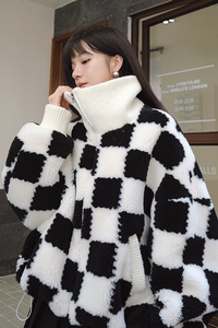 新款！22年秋冬翻领棋盘格羊羔毛外套123A-9027-P185K268图片