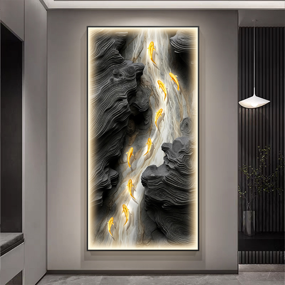 九鱼图LED灯玄关装饰画入户正对门壁画浮雕立体客厅走廊过道挂画