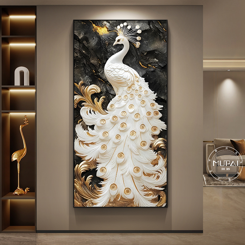 孔雀玄关装饰画浮雕立体入户正对门挂画高端竖款走廊过道壁画图片