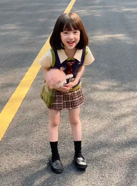 女童jk套装学院风裙子夏2025儿童可露丽风领带假2件t恤制服两件套