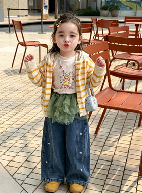 女童复古森系套装2026女宝软糯毛衣开衫外套牛仔裤儿童秋装两件套