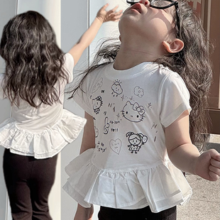 女童带花边短袖夏装2025女宝kt猫叠穿上衣hellokitty带P帘裙棉t恤