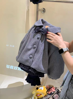女童毛呢外套学院风秋冬2025女宝夹棉蝴蝶领结格子拼接中长款大衣