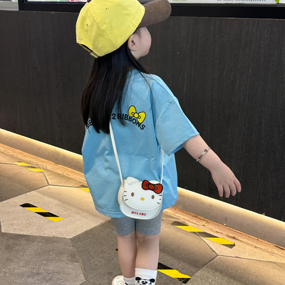Kitty猫短袖女童T恤夏2025女宝韩版卡通上衣宽松半袖纯棉长款体恤