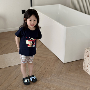 女童kt猫短袖短裤套装夏2025新女宝猫咪印花上衣条纹骑行裤两件套