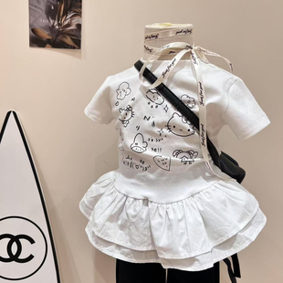 女童kt猫短袖T恤夏装2026韩版女宝卡通印花P帘裙上衣花边叠穿套装