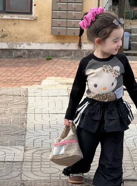 hellokitty长袖T恤女童秋装2025女宝豹纹Kt猫印花纯棉打底上衣t恤
