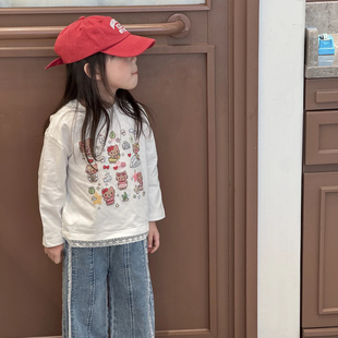 女童kt长袖T恤春秋2025女宝凯蒂猫卡通印花卫衣 蕾丝边上衣打底衫