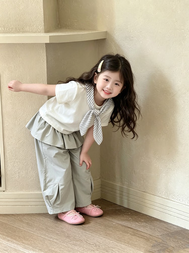 女童夏款学院风叠穿套装2026儿童短袖上衣t恤+裤子女孩夏天屁帘裤
