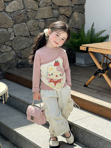 女童长袖T恤kt猫春装2026女孩hellokitty打底衫假2件上衣叠穿套装