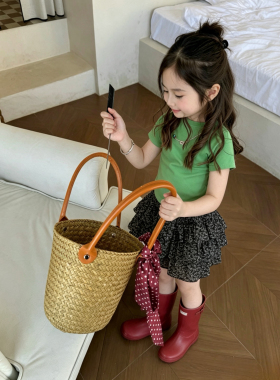 女童夏款纯色短袖T恤套装2026女孩绿色短袖t恤碎花短裙洋气两件套