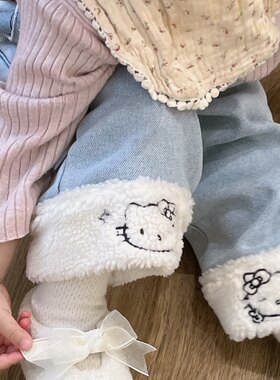 女童加绒凯蒂猫直筒牛仔裤