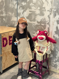 女童卫衣连衣裙秋装2025新女宝宝卡通小熊背带裙拼接假两件套裙子