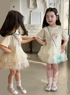 女童连衣裙夏季2026新韩版拼接彩虹网纱裙子女孩夏装女宝宝公主裙