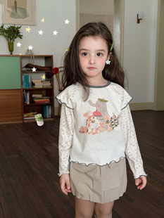 女童花边长袖t恤女孩纯棉碎花上衣宽松打底衫圆领套头衫上衣T恤衫