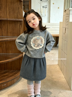 女童加绒卫衣套装2026秋冬儿童加厚保暖卫衣格子裙女孩冬装两件套