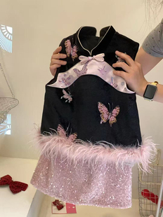 儿童新中式 汉服裙秋冬2025女宝蝴蝶刺绣亮片旗袍裙加绒汉服裙套装