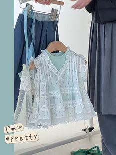 女童短袖娃娃衫夏装2026女宝仙气叠穿上衣 无袖背心甜美波点t恤衫