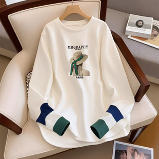 早春薄款长袖t恤女2026新款韩版宽松大妈女装拼接洋气遮臀上衣潮