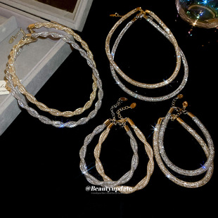 锆石圆形缠绕扭曲网格项链套装 百搭锁骨链轻奢高级感项饰 欧美时尚