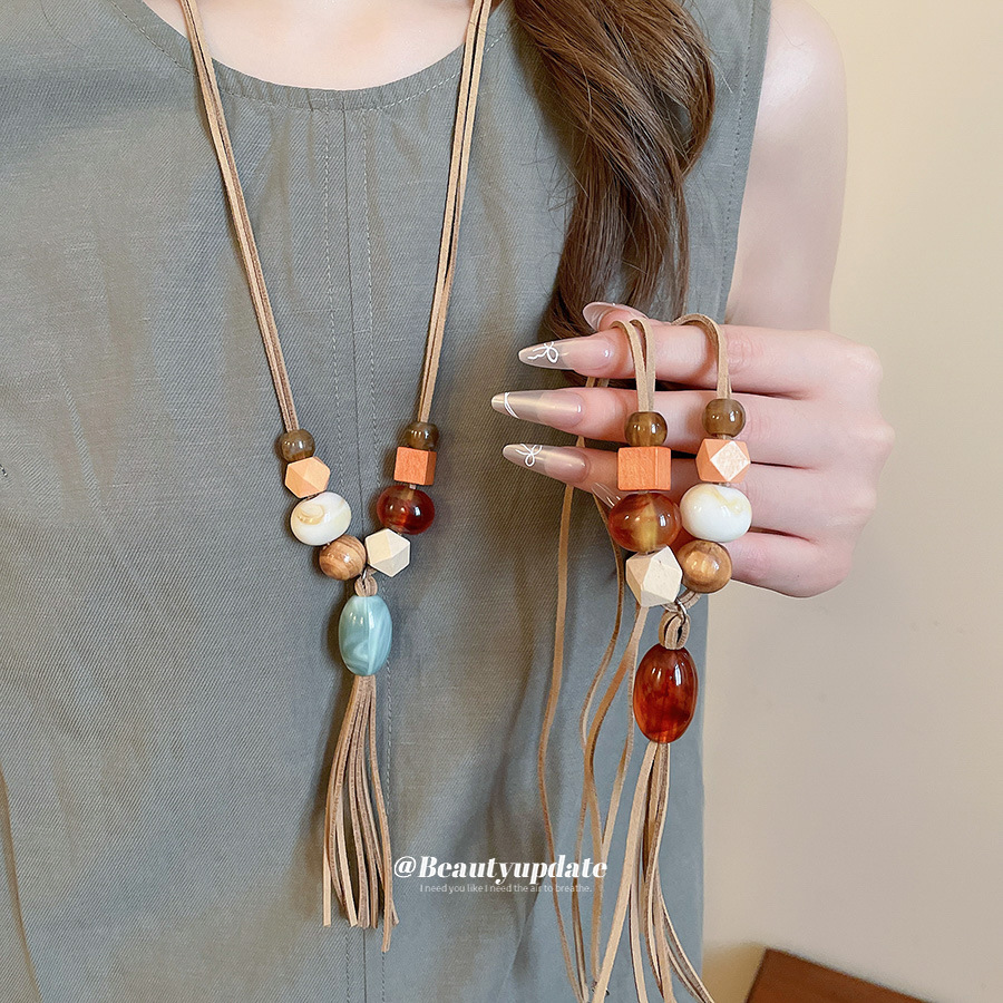 韩国绒亚克力木头串珠流苏项链复古民族风锁骨链小众设计感毛衣链