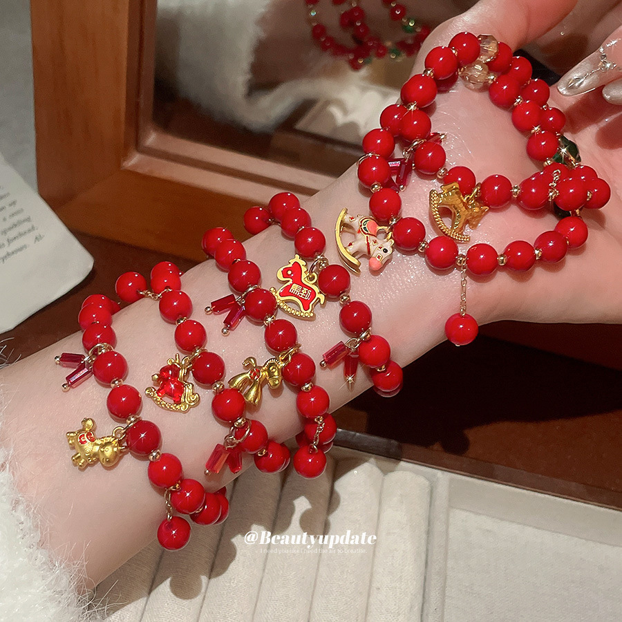 本命年玻璃串珠小马吊坠手链新中