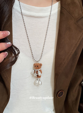 不锈钢链条植绒小熊项链秋冬个性