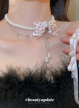 缎带波点蝴蝶结珍珠项链复古优雅