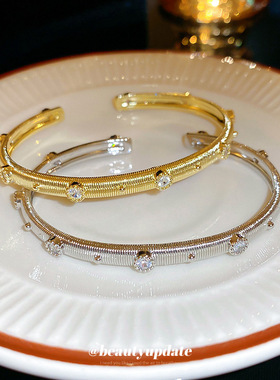 真金电镀锆石拉丝复古宫廷开口手