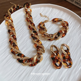 美拉德跨境豹纹环环相扣耳环项链手链套装 耳钉气质高级感耳饰 时尚