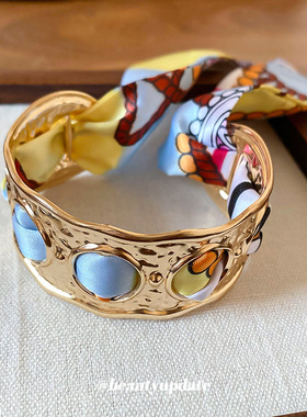 金属布艺丝巾缠绕开口手镯欧美复