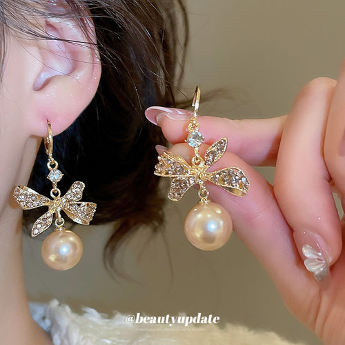 镶钻蝴蝶结珍珠耳扣法式复古优雅