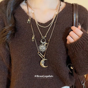 欧美金属感太阳月亮吊坠项链时尚百搭气质颈链小众设计感毛衣链女