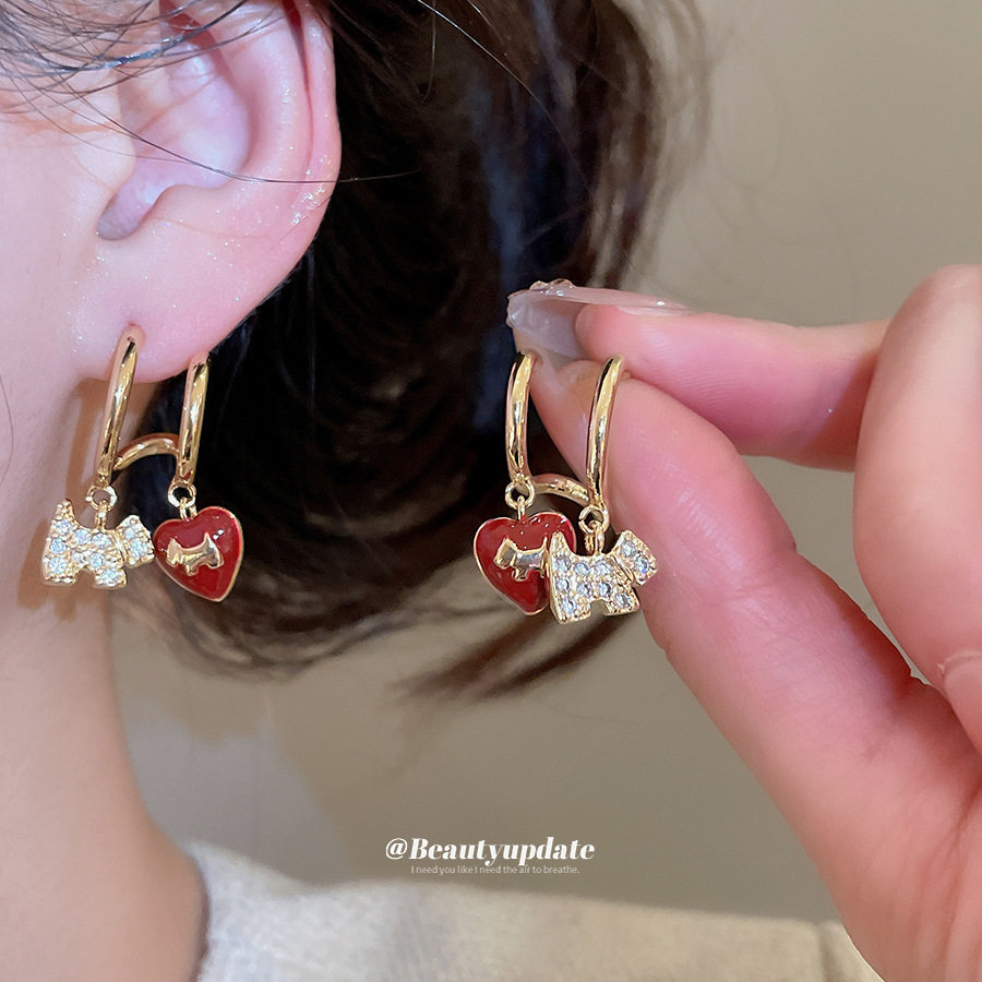 真金电镀锆石滴油爱心小狗耳钉简约复古气质耳环轻奢高级感耳饰女,饰品/流行首饰/时尚饰品新,耳钉,淘宝优惠券,粉丝福利购,淘宝优惠卷