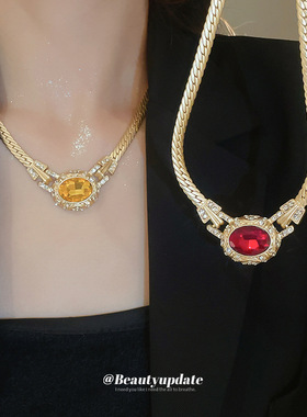 中古vintage镶钻椭圆项链女高级