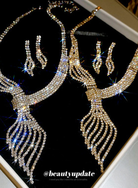 欧美树叶镶钻项链套装轻奢风高级