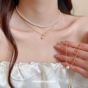 18k真金电镀锆石珍珠双层项链简约时尚 百搭锁骨链轻奢高级感颈链