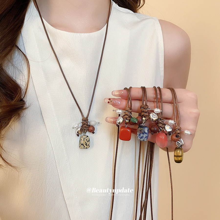 蜡绳石头木头串珠吊坠可拉伸项链民族风项饰个性小众设计感毛衣链