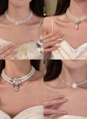 真金电镀珍珠镶钻花朵项链小众时