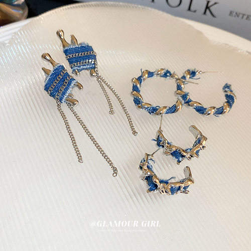 设计师款银针牛仔布链条异形流苏耳环潮流C型耳圈创意耳饰女