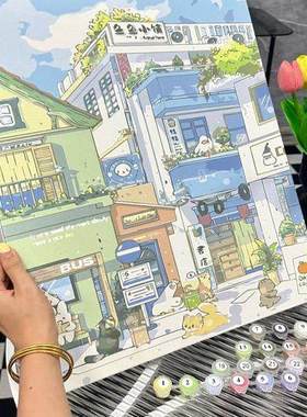 手工diy数字油画小镇丙烯画填色填充油彩画卧室装饰画系