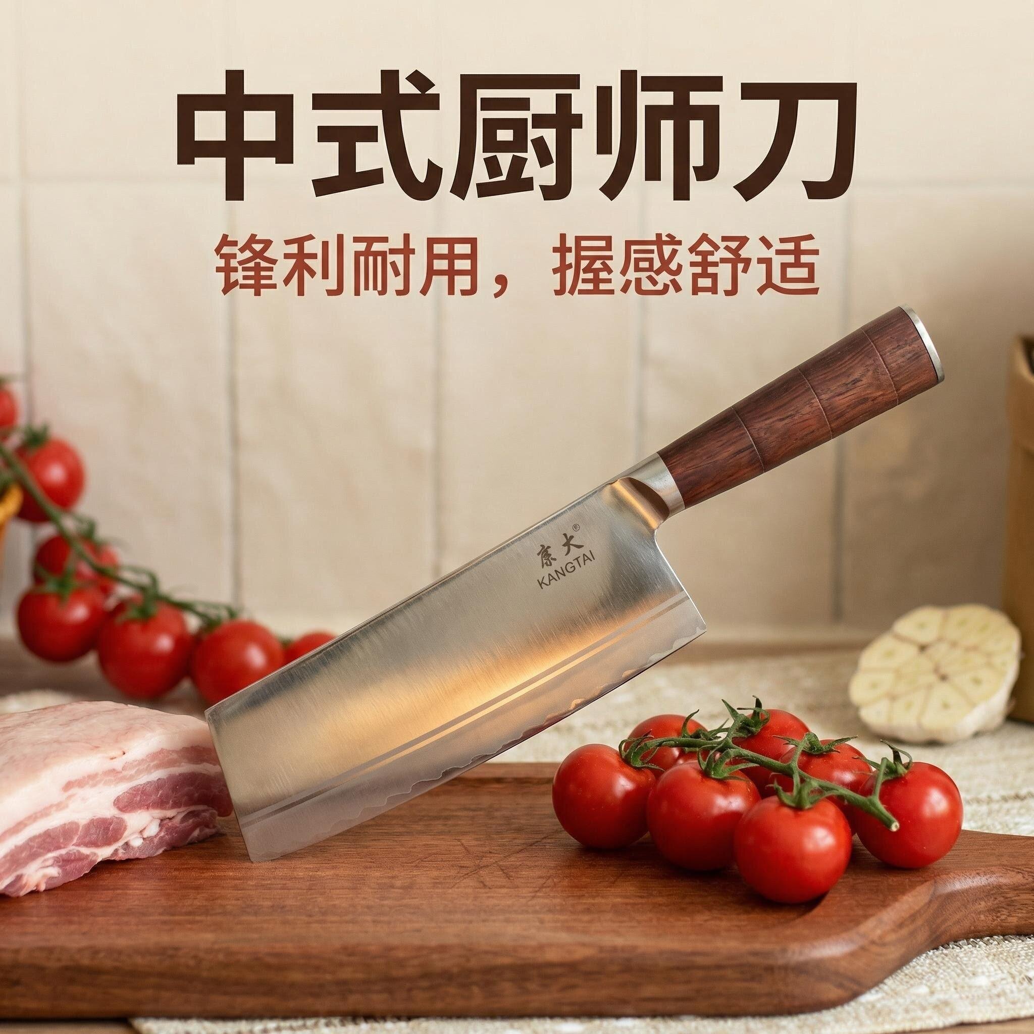 康太中式厨师刀手工锻造切片刀切菜切肉缅甸花梨手柄菜刀锋利耐用