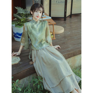 妍莉芬（yanlifen）新中式禅意茶服旗袍套装女日常改良汉服文艺国