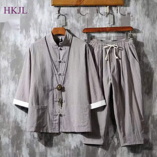 HKJL中国风亚麻套装男夏季七分袖男士棉麻汉服复古唐装唐装盘扣外