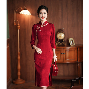 喜婆婆婚宴装平时可穿2023新款妈妈旗袍女红色礼服年轻款高贵长袖