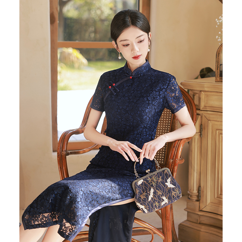 新中式旗袍日常可穿蓝色古法改良胖mm大码遮肚复古新款2024夏款 女装/女士精品 旗袍 原图主图