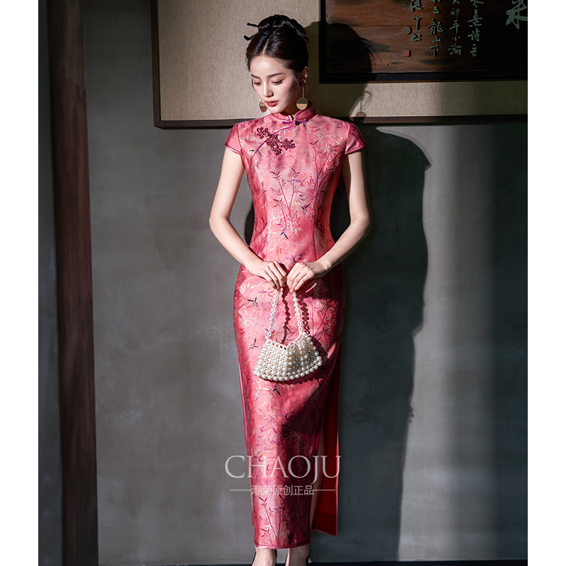 粉色旗袍长款高端走秀主持礼服真丝羊毛桑蚕丝新中式2024新款