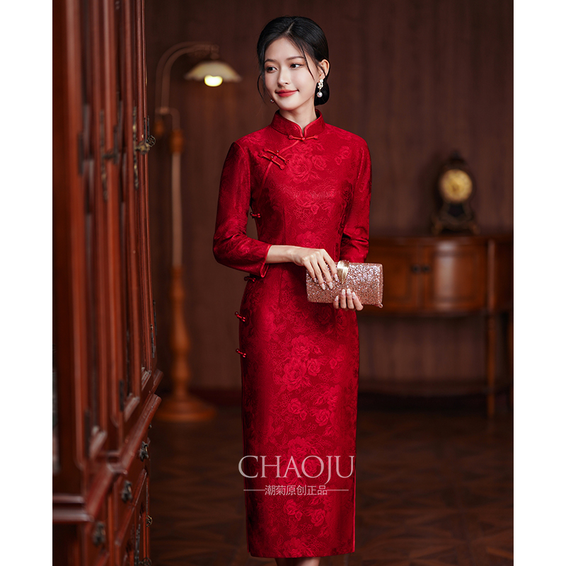 妈妈婚宴礼服十月份喜婆婆婚宴装2024新款旗袍红色长袖高贵年轻款